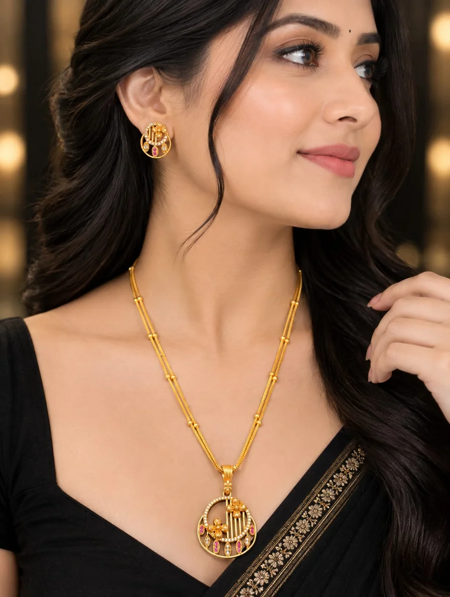 Front view of handcrafted brass Aadhra Celestial Bloom Round Necklace Set with antique gold polish