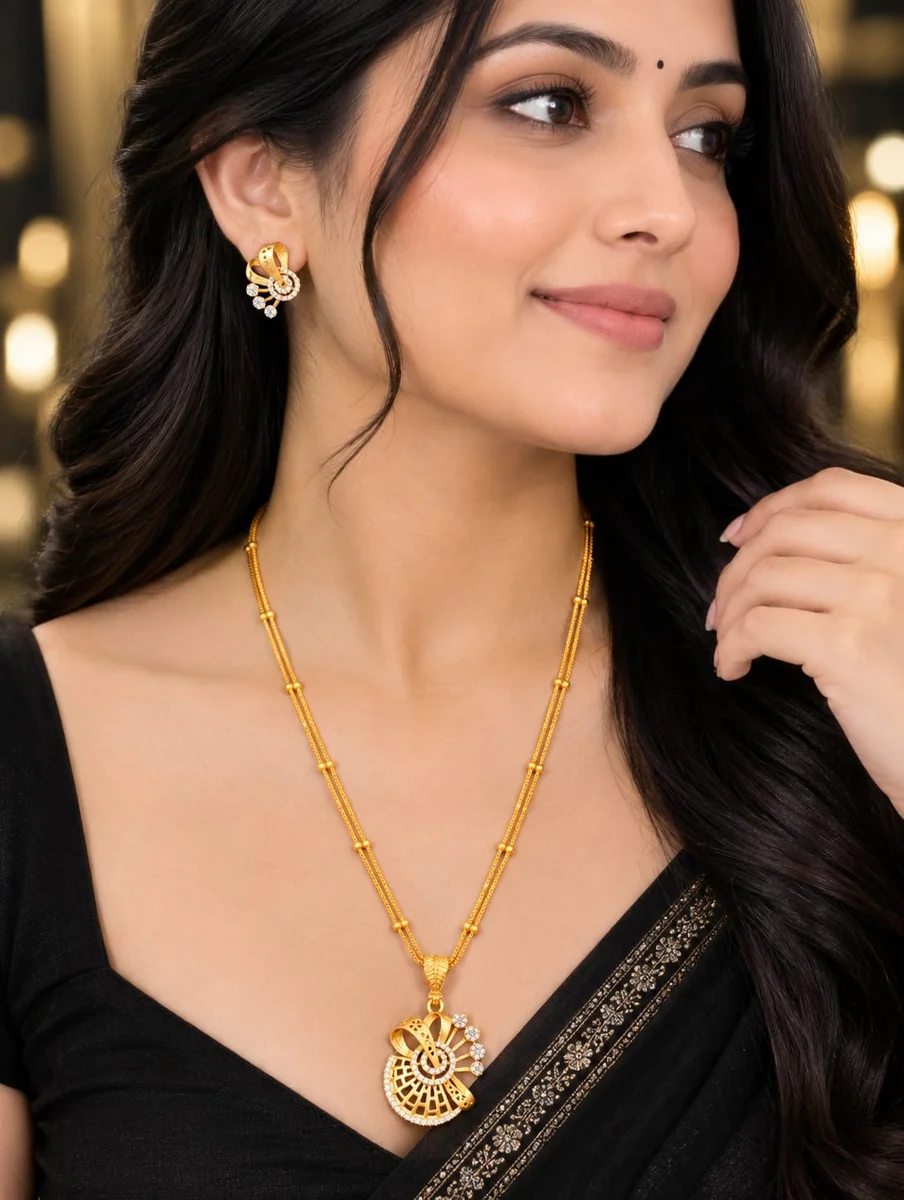 Front view of handcrafted brass Aadhra Swirl Petal Radiance Necklace Set with antique gold polish