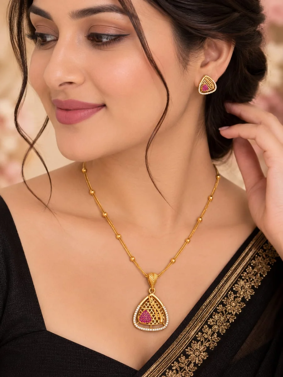 Front view of handcrafted brass Ruby Triangle Lattice Gold Necklace Set with antique gold polish