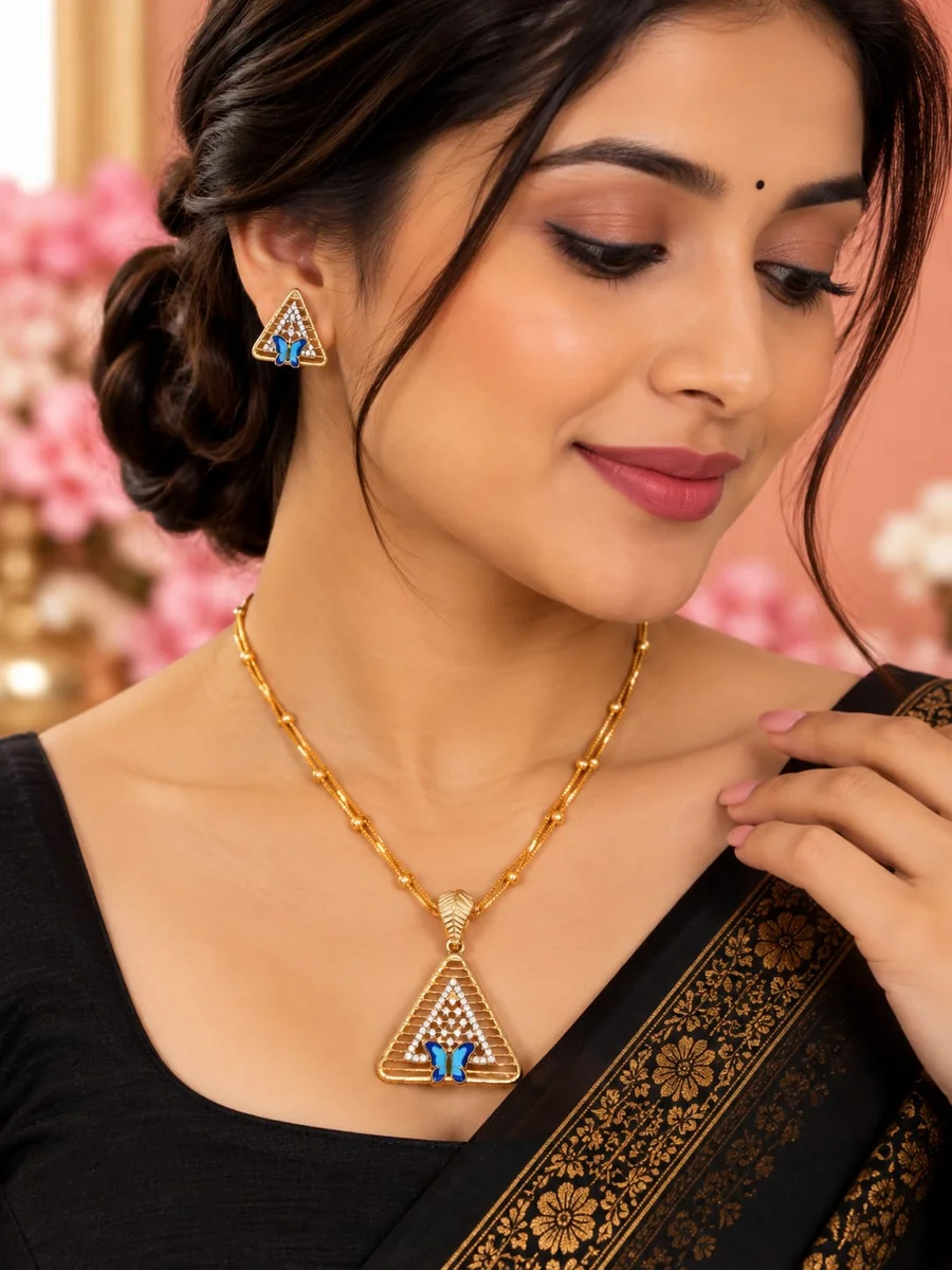 Blue Butterfly Triangle Gold Necklace Set