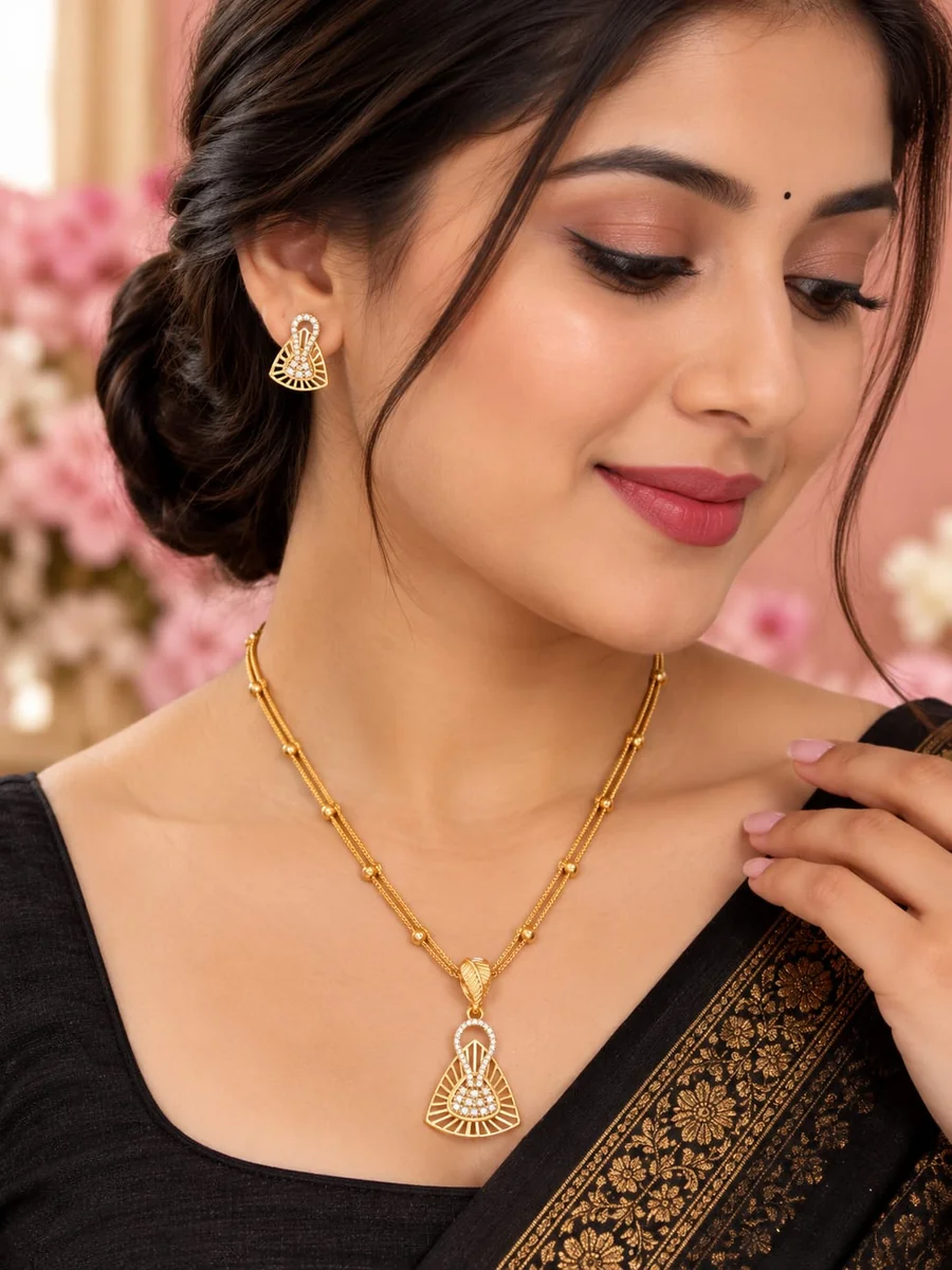 Front view of handcrafted brass Crystal Drop Triangle Gold Necklace Set with antique gold polish