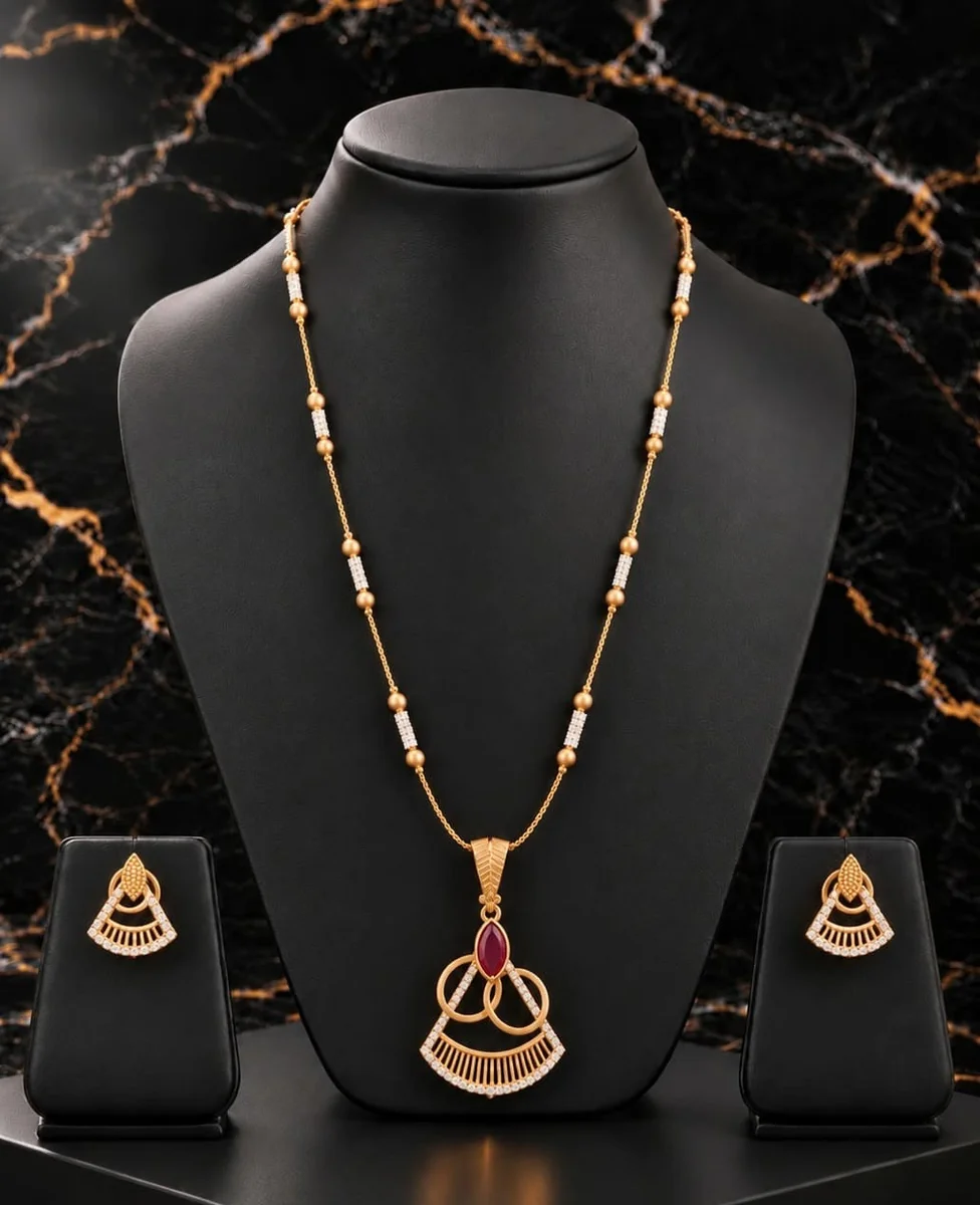 Handcrafted brass Golden Ruby Accent Fan Pendant Necklace Set with antique finish