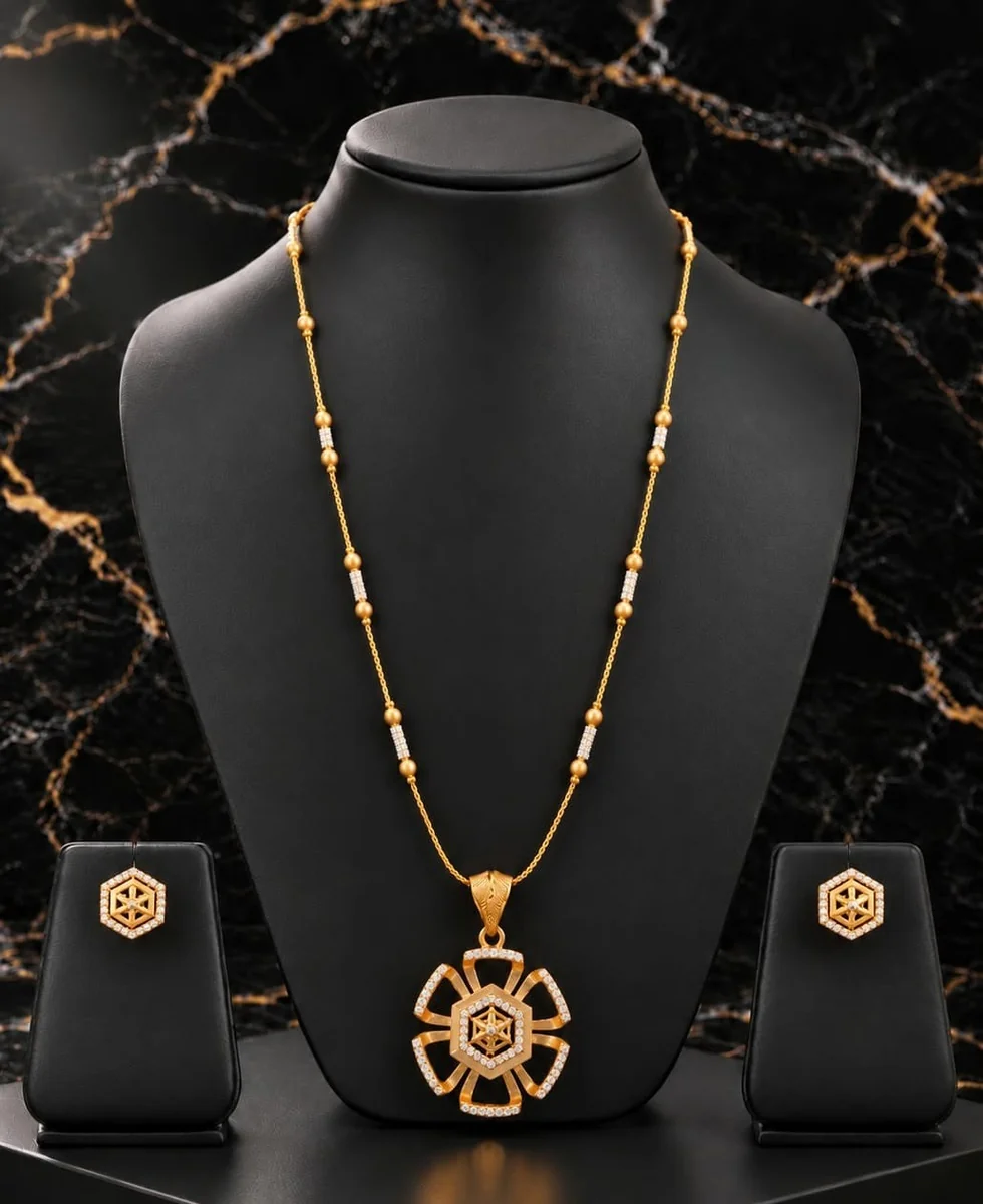 Handcrafted brass Golden Hexagon Starburst Crystal Necklace Set with antique finish