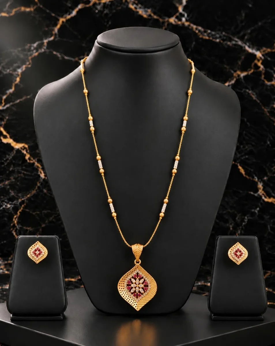 Handcrafted brass Ruby Leaf Teardrop Gold-Tone Necklace Set with antique finish