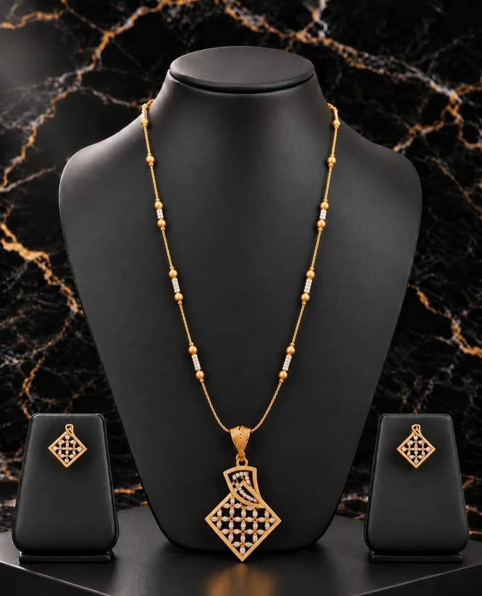 Handcrafted brass Golden Diamond Lattice Crystal Pendant Necklace Set with antique finish