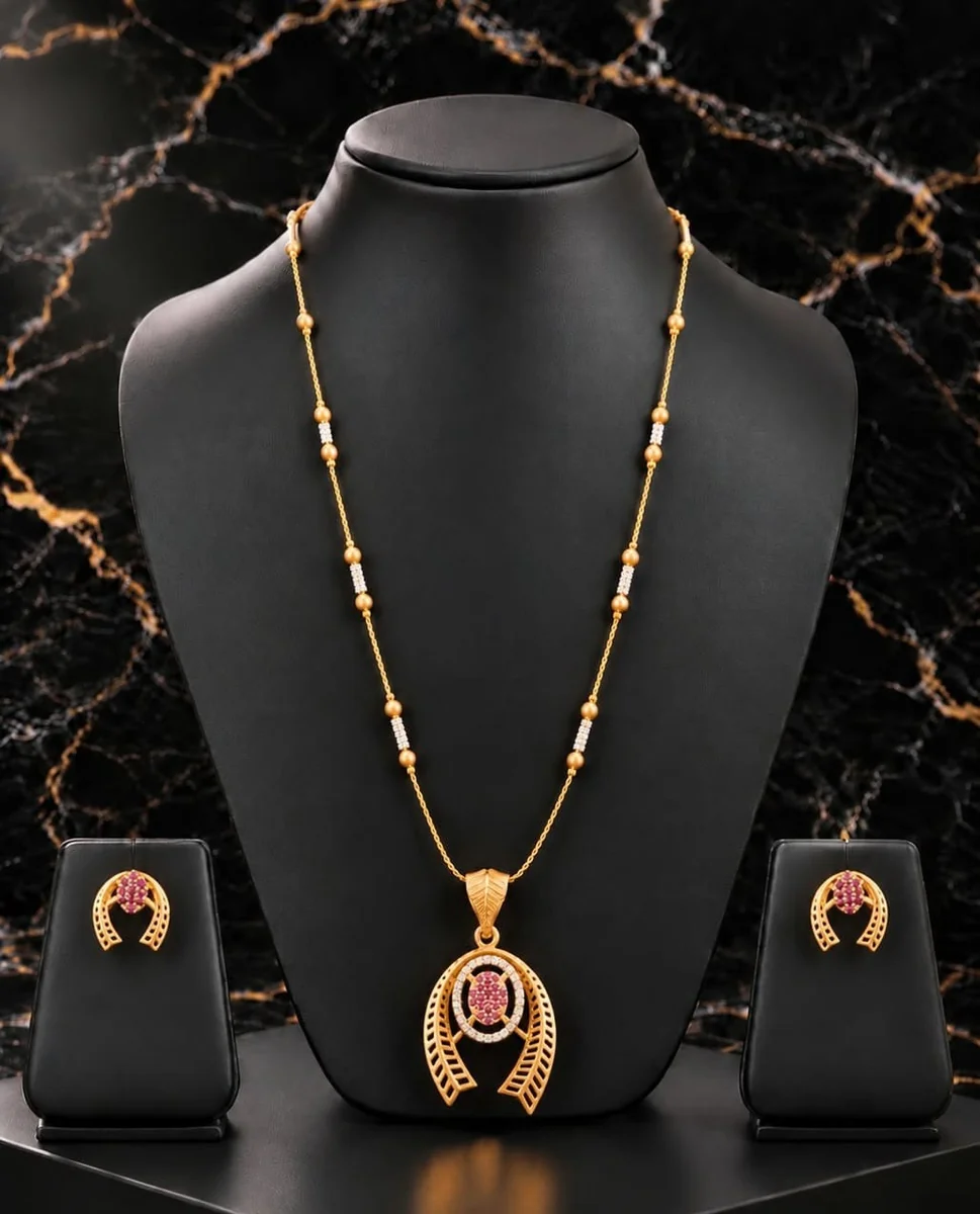 Handcrafted brass Ruby Horseshoe Motif Beaded Chain Necklace Set with antique finish