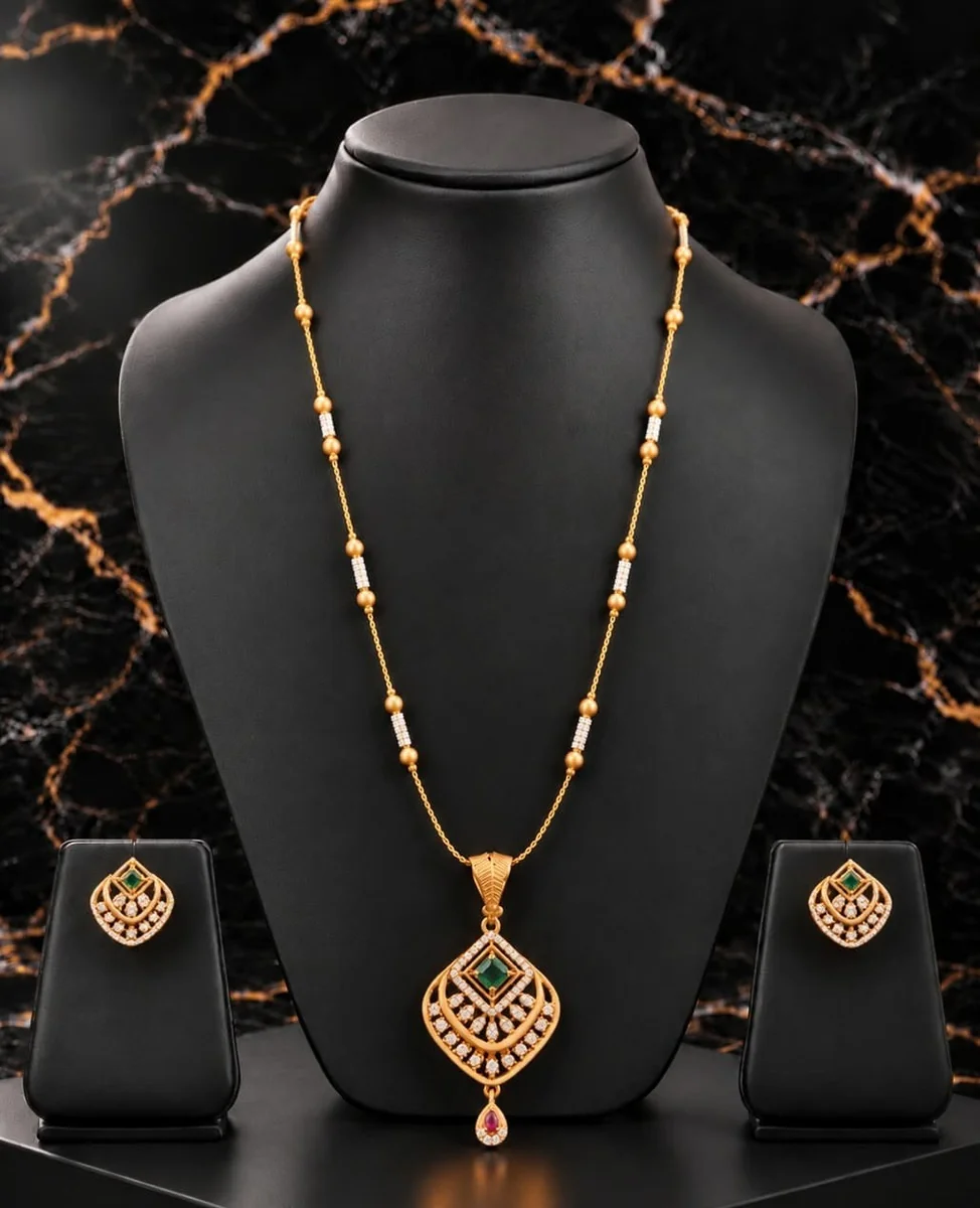 Handcrafted brass Emerald Accent Floral Teardrop Necklace Set with antique finish