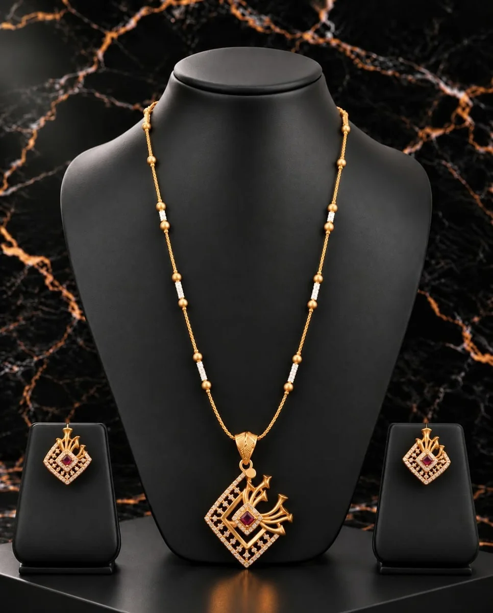 Handcrafted brass Ruby Diamond Geometric Pendant Necklace Set with antique finish