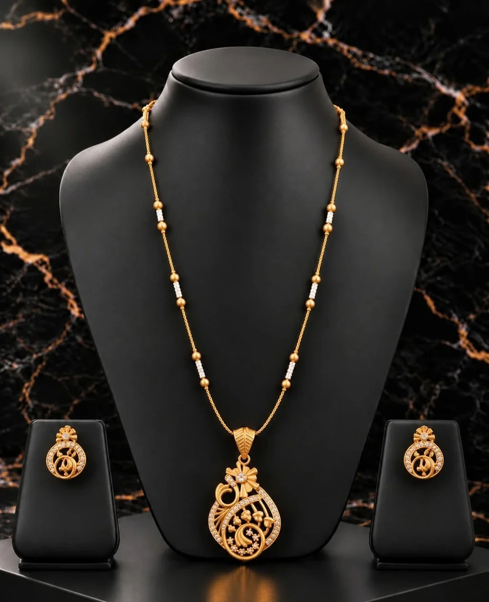 Handcrafted brass Golden Floral Swirl Teardrop Pendant Necklace Set with antique finish