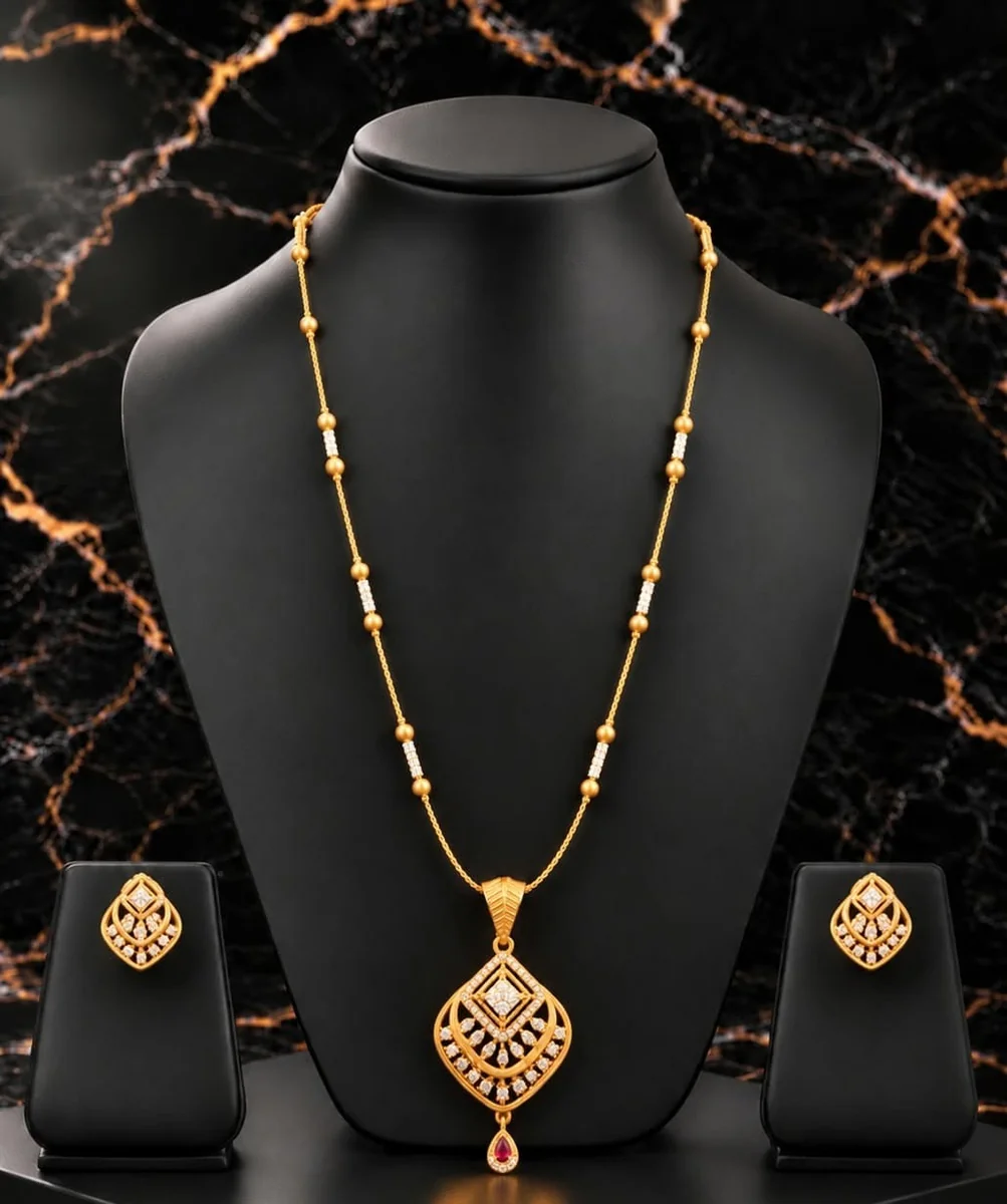 Handcrafted brass Golden Diamond Lattice Pendant Necklace Set with Red Drop with antique finish