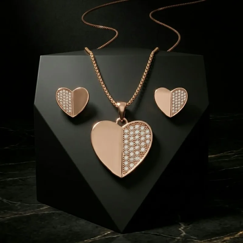 Half-Sparkle Heart Rose Gold Chain Set