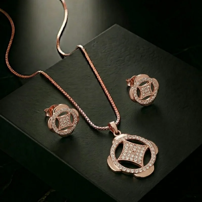 Four Petal Halo Rose Gold Chain Set