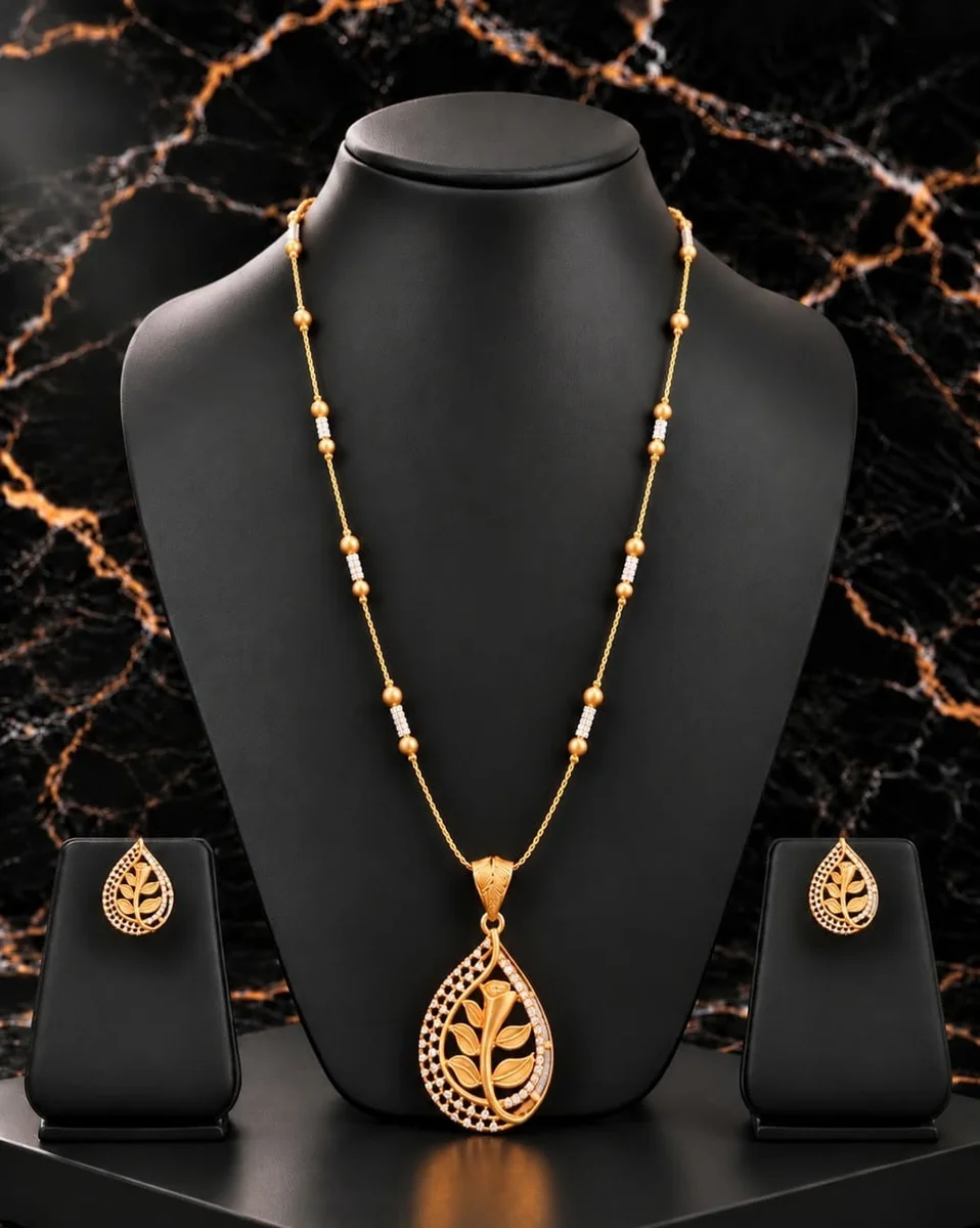 Handcrafted brass Golden Teardrop Linework Necklace Set with antique finish