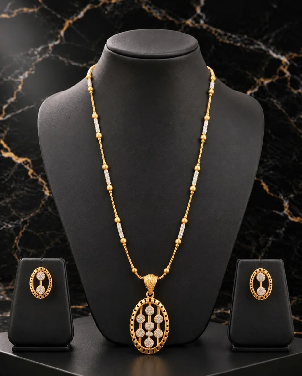 Handcrafted brass Oval Crystal Column Necklace Set with antique finish
