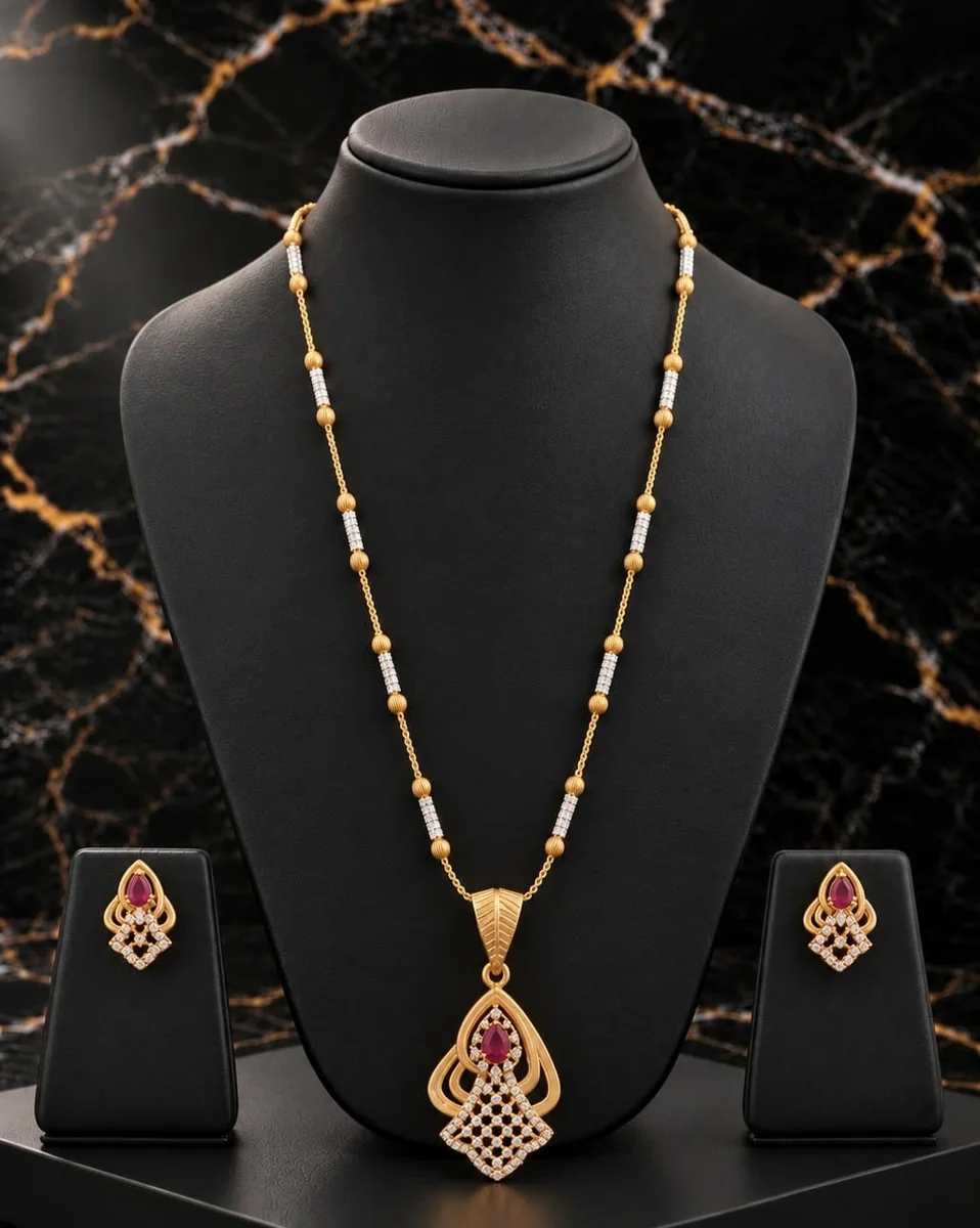 Handcrafted brass Ruby Accent Geometric Necklace Set with antique finish