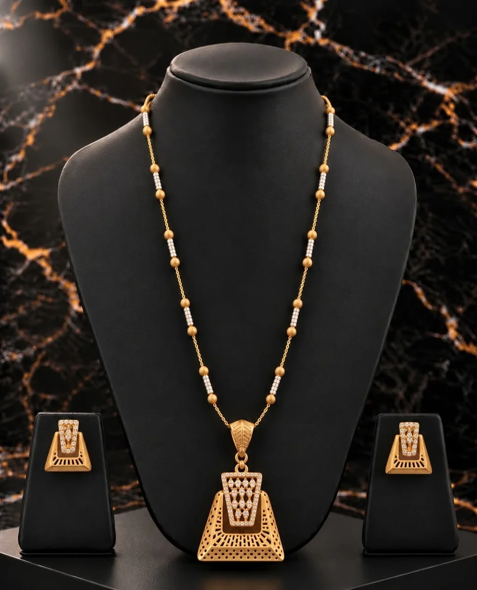 Handcrafted brass Golden Trapezoid Lattice Necklace Set with antique finish