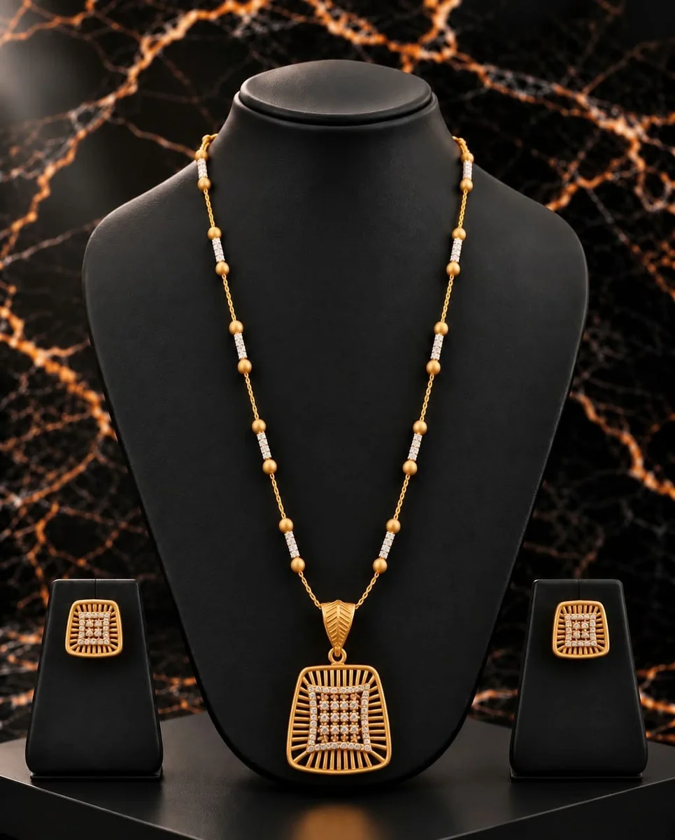 Handcrafted brass Golden Square Grid Crystal Necklace Set with antique finish