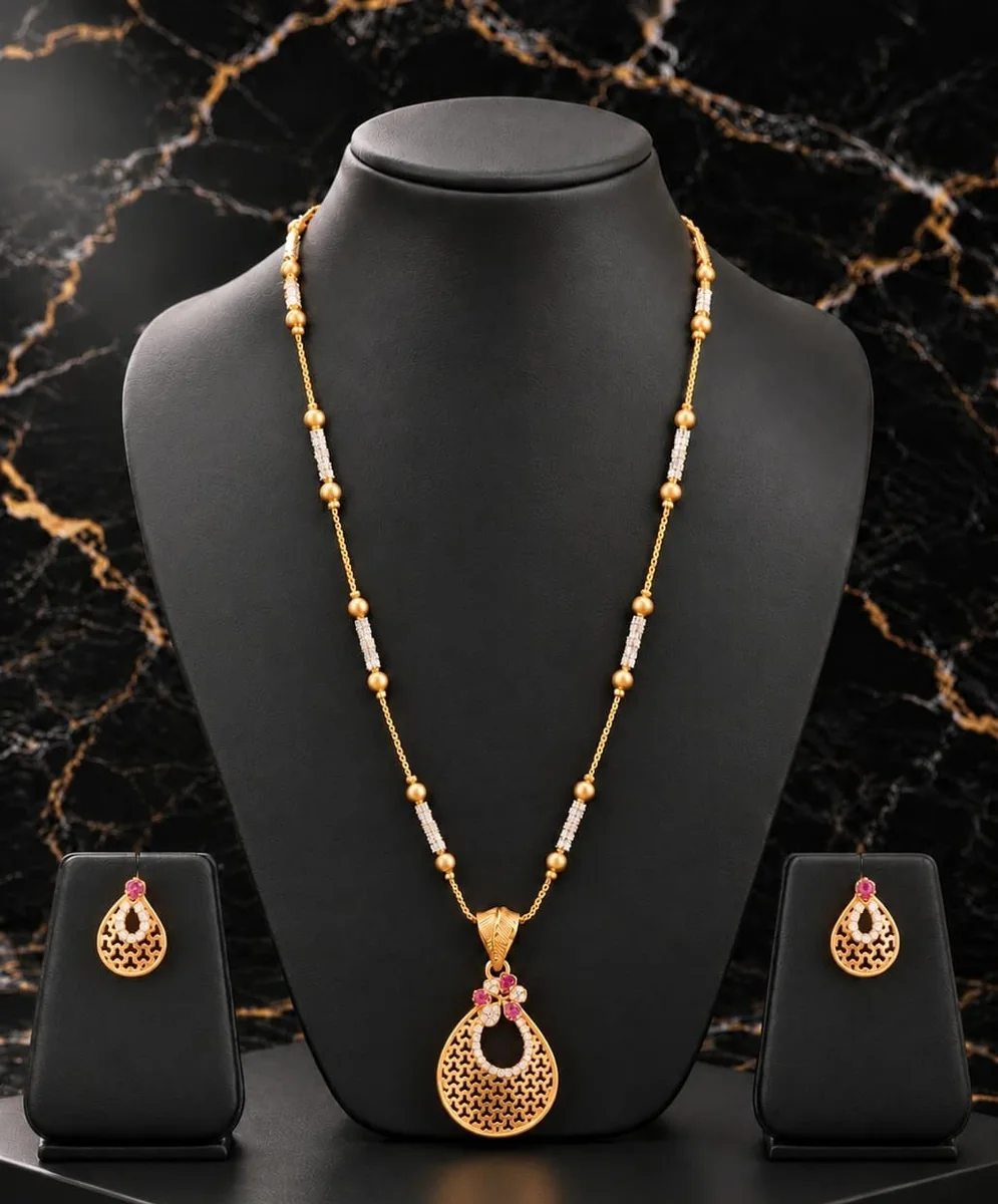 Handcrafted brass Ruby Teardrop Filigree Necklace Set with antique finish