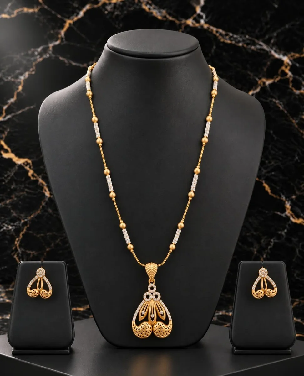 Handcrafted brass Golden Triple Loop Filigree Pendant Necklace Set with antique finish