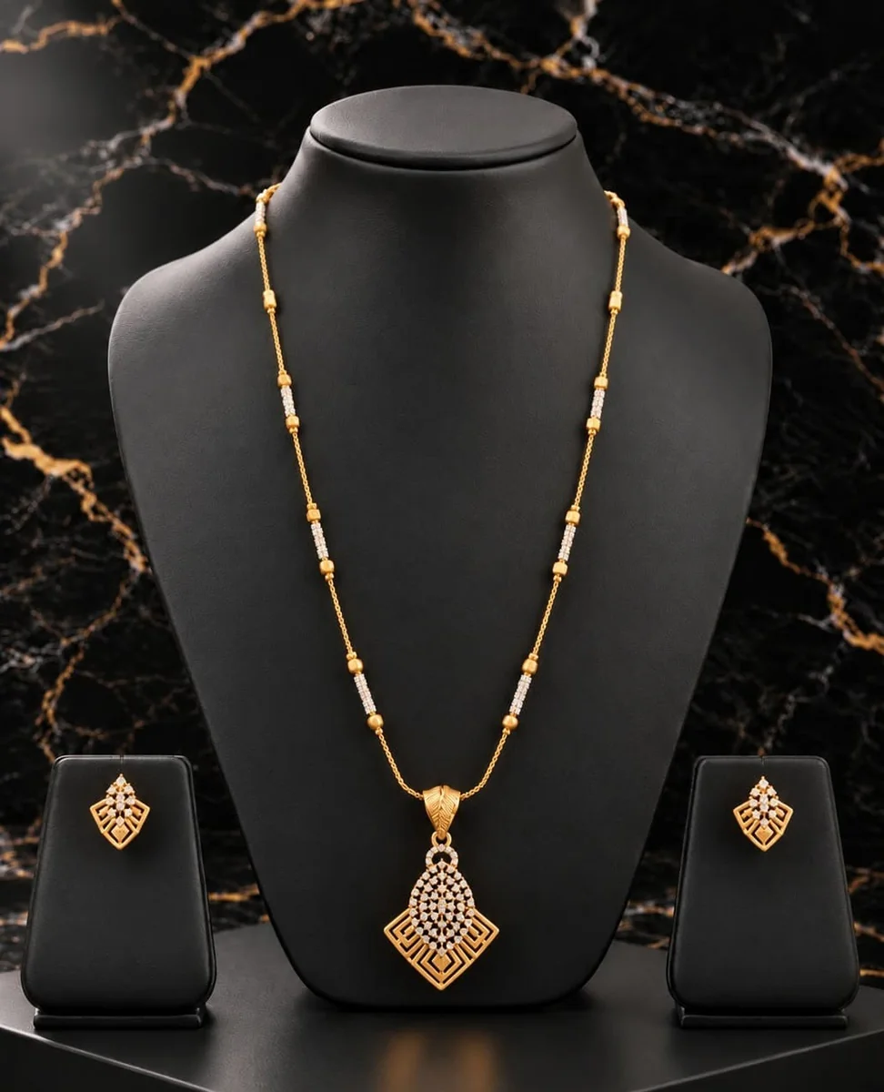 Handcrafted brass Golden Geometric Diamond Crystal Necklace Set with antique finish