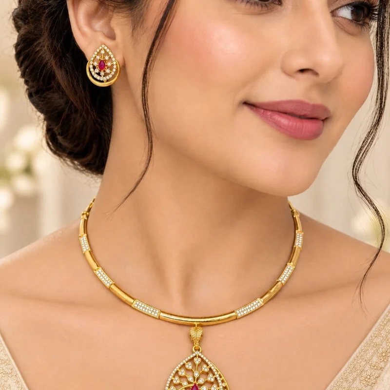 Ruby Teardrop Elegance Gold Necklace Set