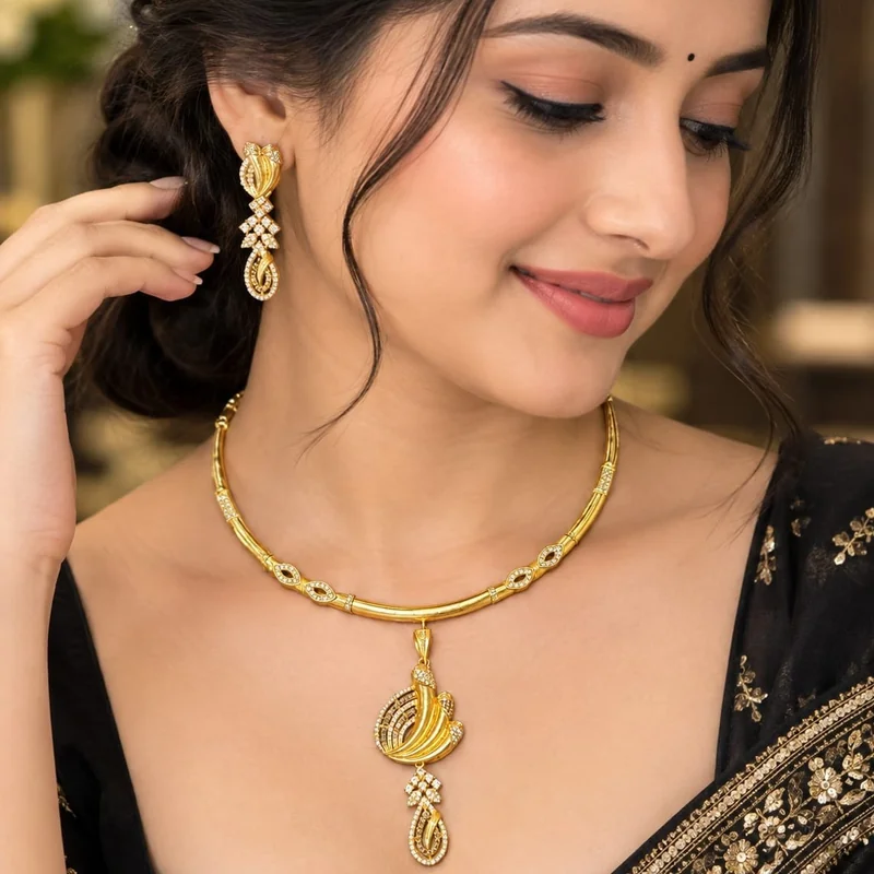Peacock Cascade Gold Necklace Set