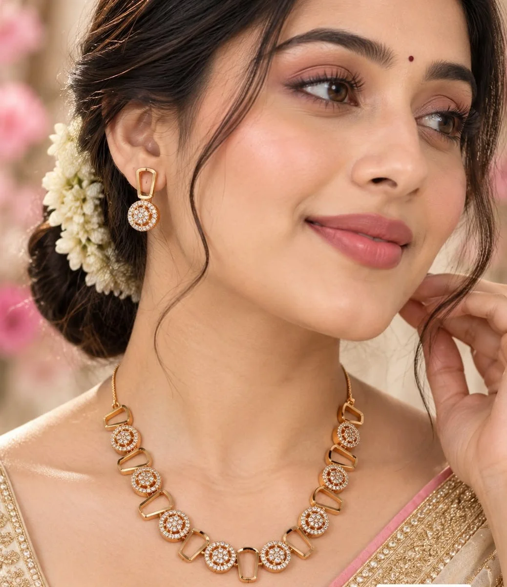 Handcrafted brass Rose Halo Link Necklace Set with antique finish