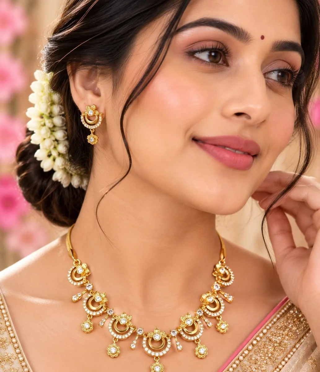 Handcrafted brass Floral Cascade Gold Necklace Set with antique finish