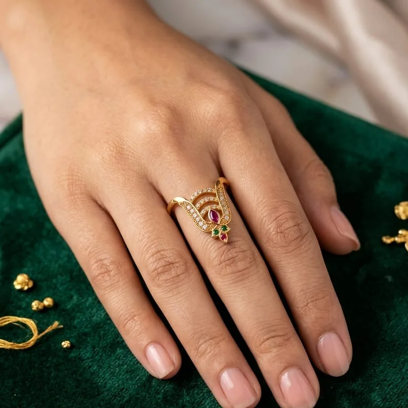 Front view of handcrafted brass Emerald Ruby Arch Pendant Ring with antique gold polish