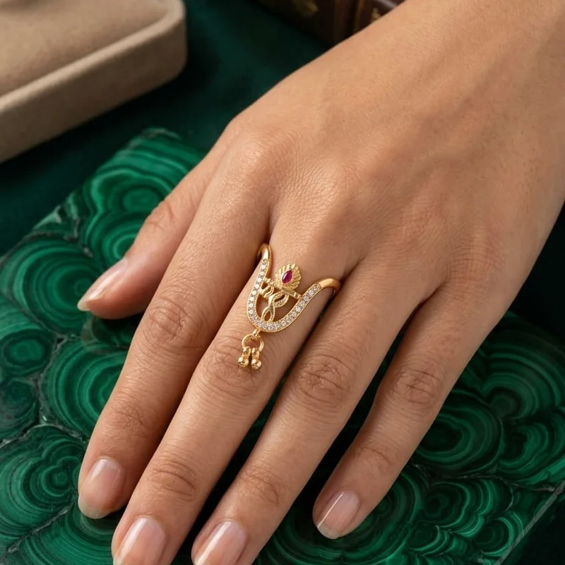 Front view of handcrafted brass Ruby Floral U-Frame Ring with antique gold polish
