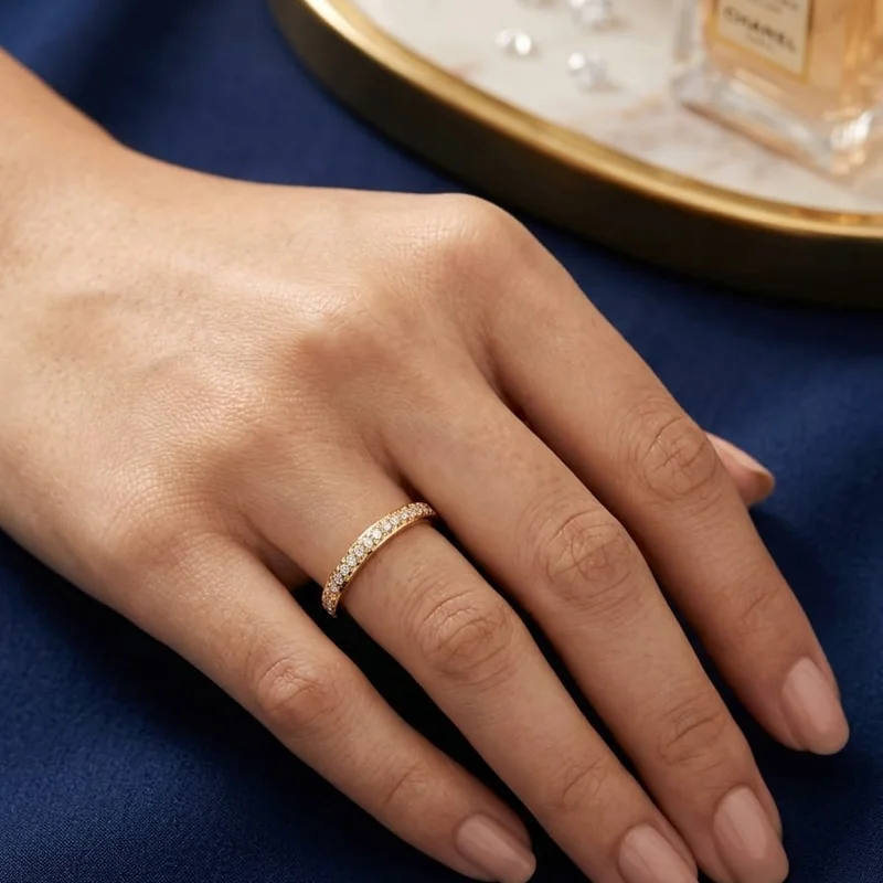 Front view of handcrafted brass Floral Loop Pavé Ring with antique gold polish