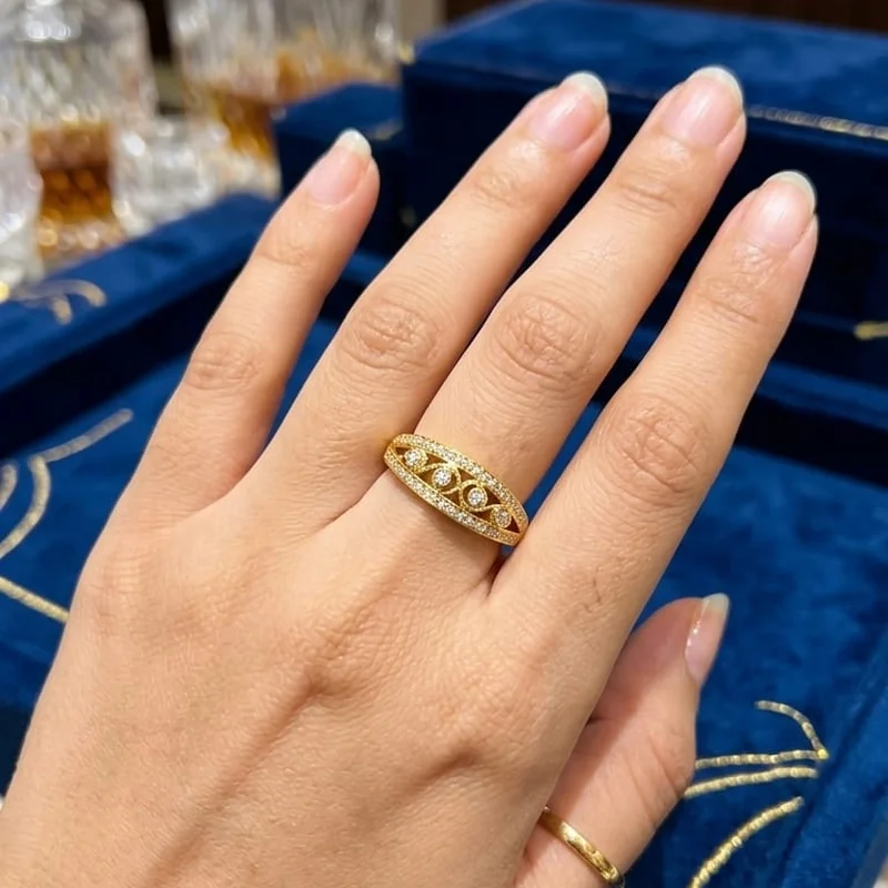 Front view of handcrafted brass Geometric Gold Pavé Band with antique gold polish