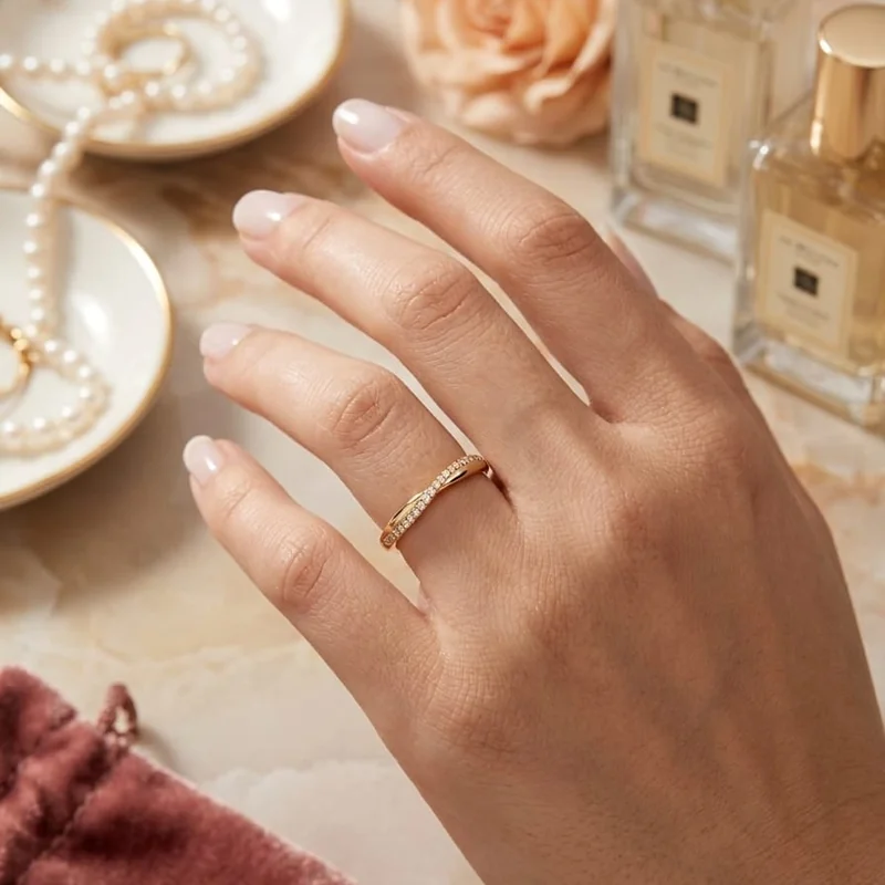 Front view of handcrafted brass Hexagon Pavé Link Ring with antique gold polish