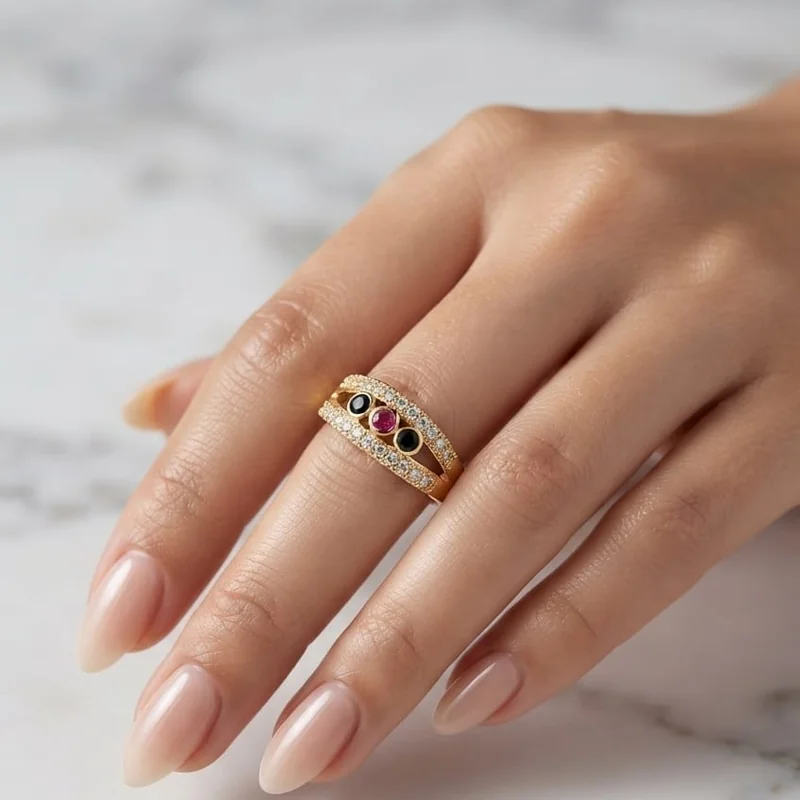 Front view of handcrafted brass Diamond Ribbon Solitaire Ring with antique gold polish