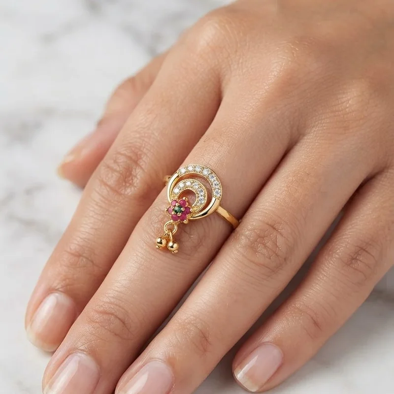 Front view of handcrafted brass Floral Cluster Gold Ring with antique gold polish