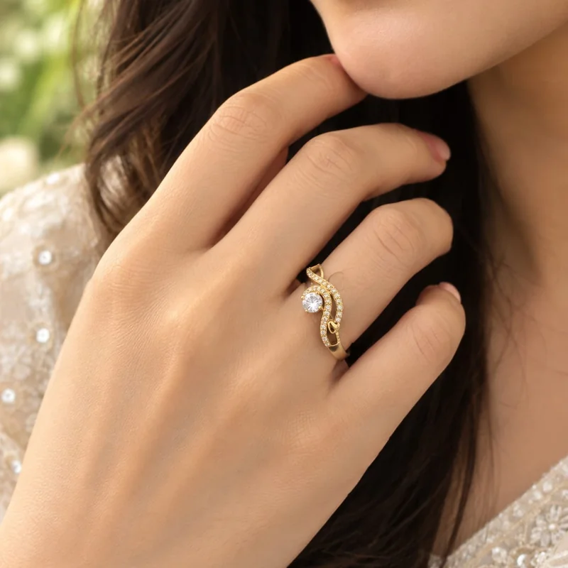 Front view of handcrafted brass Ruby Noir Double Oval Ring with antique gold polish