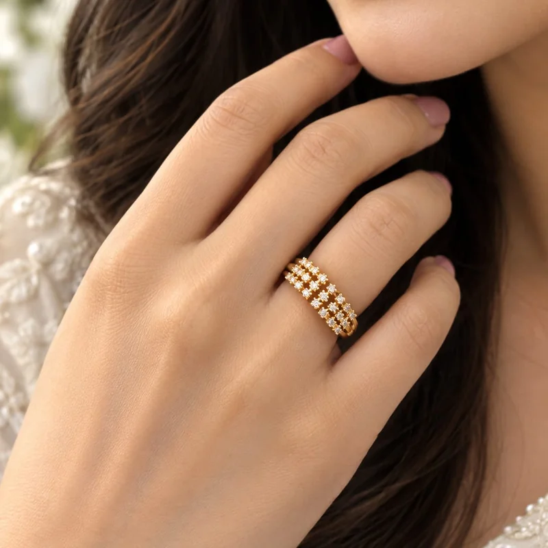 Triple Row Pave Gold Band Ring