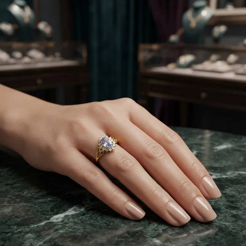 Blue Oval Halo Gold Ring