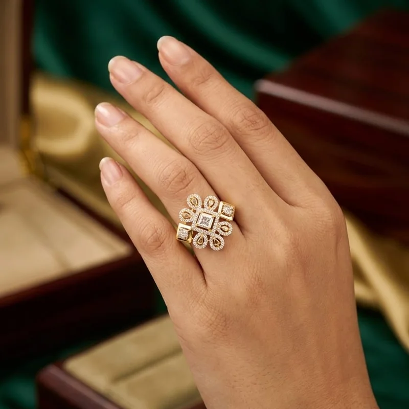 Handcrafted brass Geometric Floral Pavé Gold Ring with antique finish