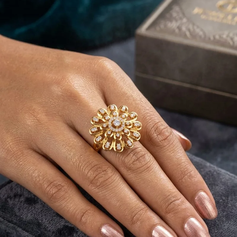 Handcrafted brass Sunburst Floral Pavé Gold Ring with antique finish
