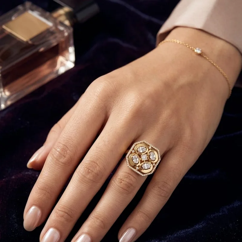 Handcrafted brass Quadra Luxe Pavé Gold Ring with antique finish