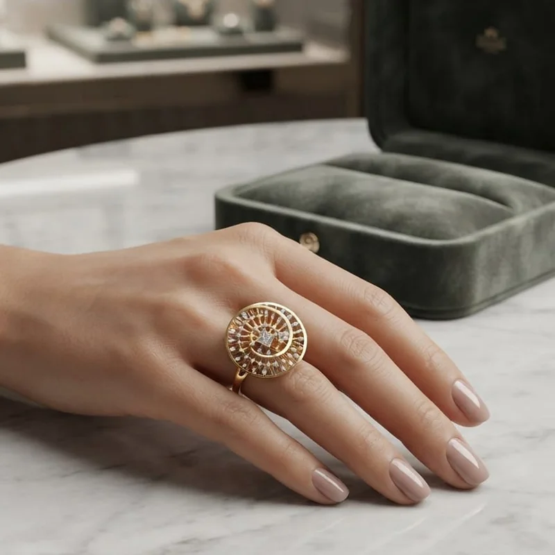 Handcrafted brass Radiant Circle Pavé Gold Ring with antique finish