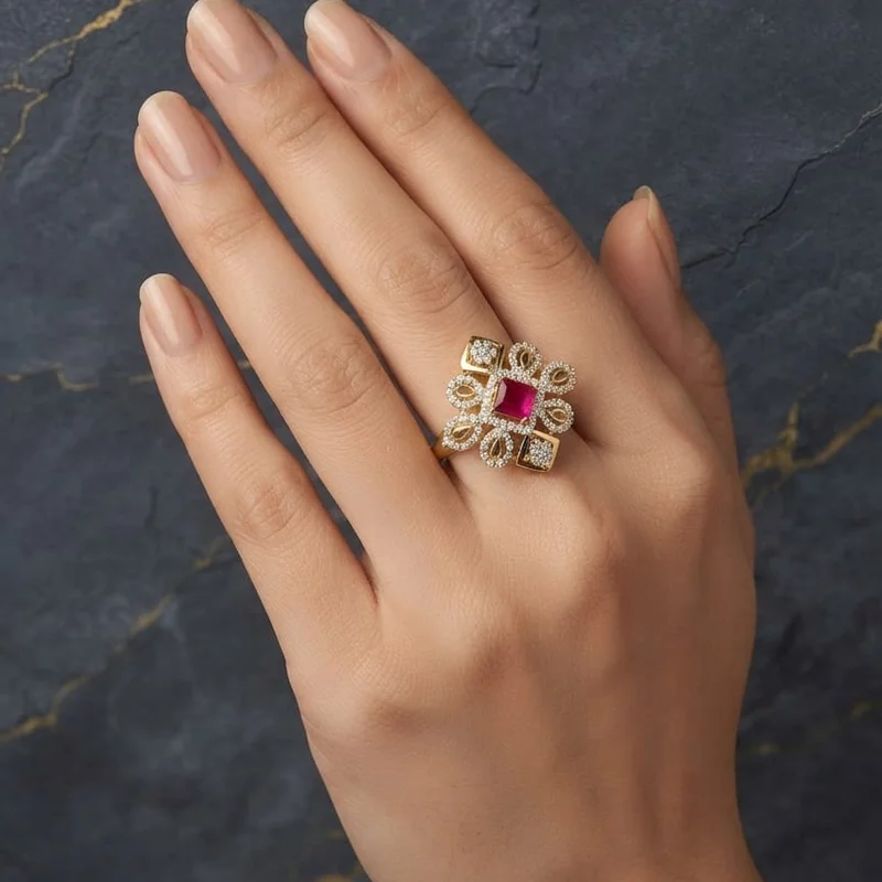 Handcrafted brass Ruby Floral Geometric Gold Ring with antique finish