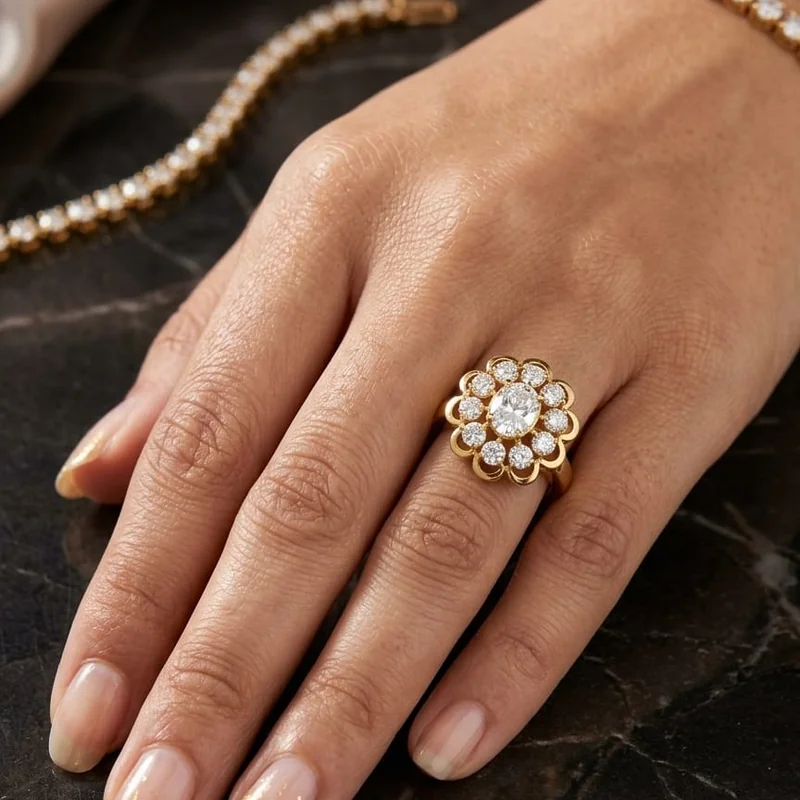 Handcrafted brass Classic Floral Halo Gold Ring with antique finish