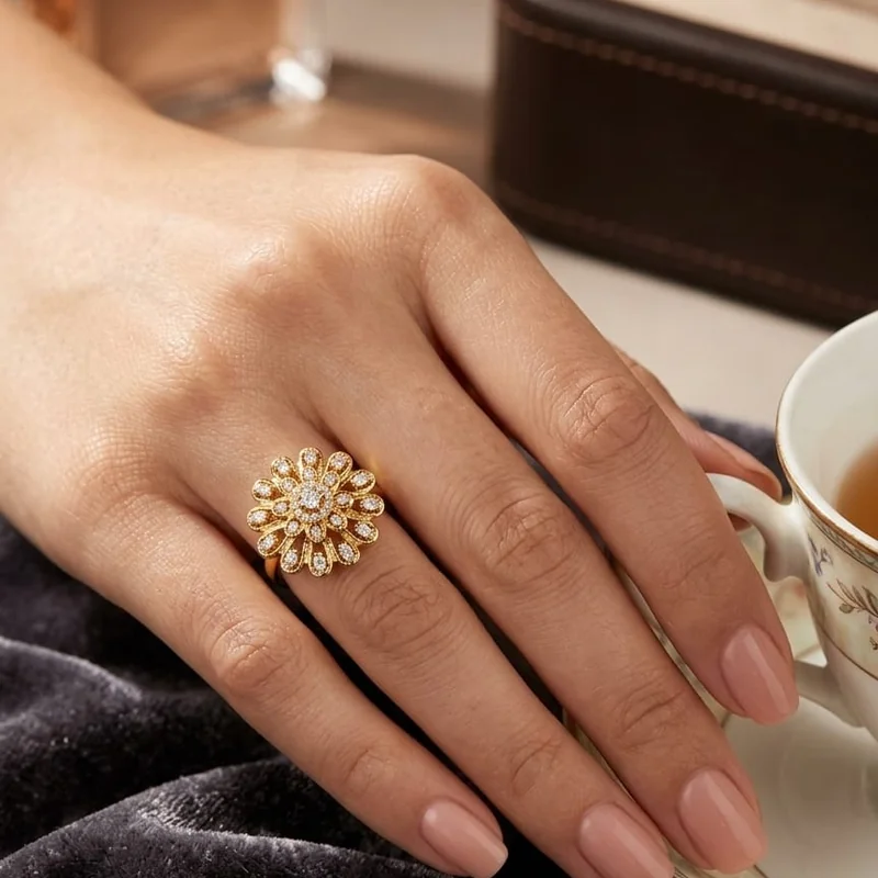 Handcrafted brass Petal Bloom Pavé Gold Ring with antique finish