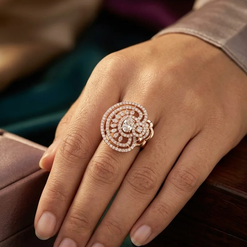 Handcrafted brass Ornate Spiral Halo Gold Ring with antique finish