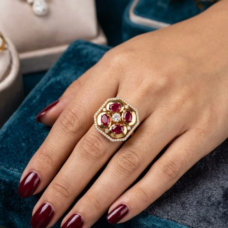 Handcrafted brass Ruby Quadra Halo Gold Ring with antique finish