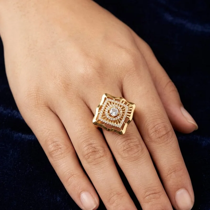 Handcrafted brass Cushion Mandala Pavé Gold Ring with antique finish