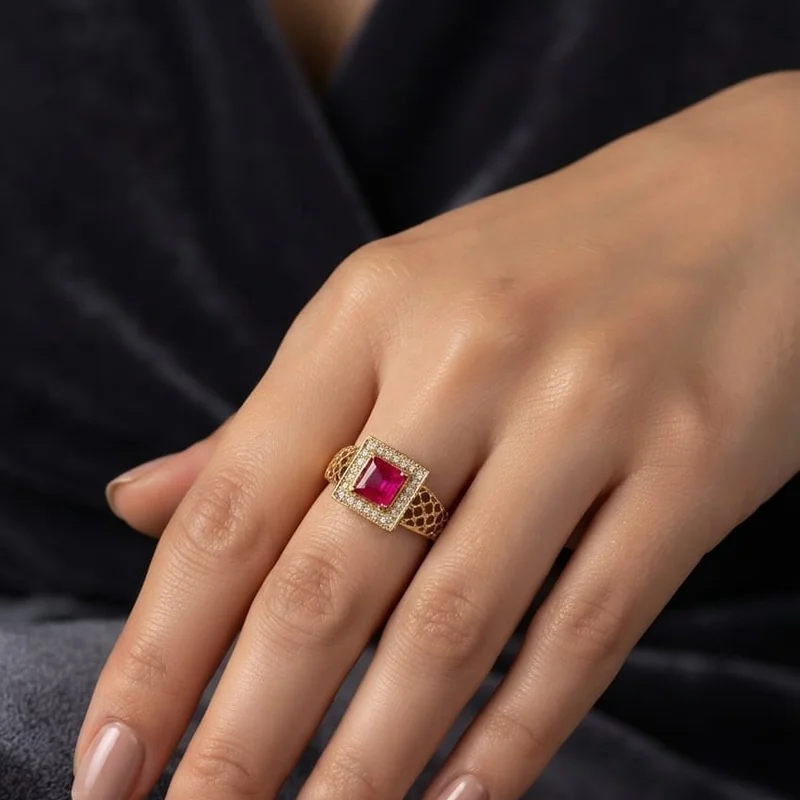 Ruby Square Halo Statement Ring