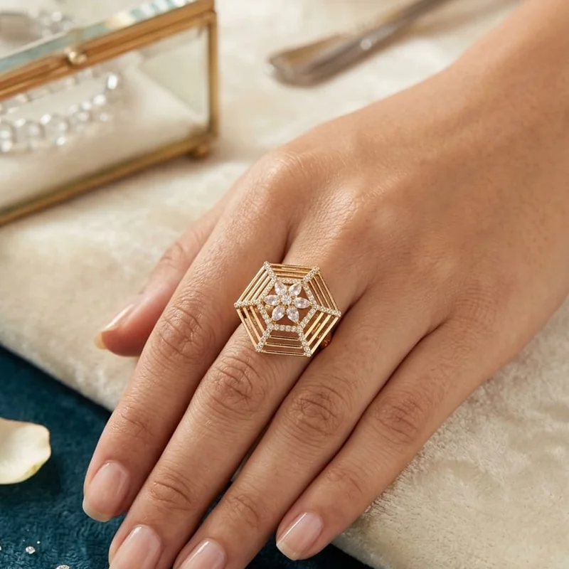 Handcrafted brass Hexagon Floral Pavé Gold Ring with antique finish